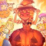  :&lt; alice_margatroid blonde_hair chibi closed_eyes face fang fangs flandre_scarlet halloween hat head_wings headwings heart heart_in_mouth jack-o'-lantern jack-o-lantern kirisame_marisa koakuma o_o object_on_head patchouli_knowledge pumpkin purple_hair remilia_scarlet shanghai shanghai_doll touhou yst |_| 