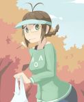  ^o^ akizuki_ritsuko antenna_hair autumn bad_id bag braid brown_hair closed_eyes glasses green_eyes idolmaster shopping_bag short_hair solo stick supi_(pixiv) twin_braids twintails visor visor_cap 