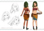  ^_^ bandeau bare_shoulders basin belt bracelet brown_eyes character_sheet closed_eyes earrings expressions feathers freckles green_hair hair_ornament headband jewelry long_hair midriff navel necklace original pouch sandals siting_zeng skirt smile standing suisei_no_gargantia tears 