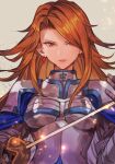  1girl armor bangs blue_cape boobplate breastplate brown_eyes brown_hair cape closed_mouth earrings gauntlets granblue_fantasy hair_over_one_eye hankuri holding holding_sword holding_weapon jewelry katalina_(granblue_fantasy) long_hair looking_at_viewer rapier simple_background smile solo sword upper_body weapon 
