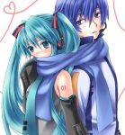  1girl bangs blue_eyes blue_hair couple hatsune_miku kaito long_hair scarf shared_scarf umitsuki_kouna very_long_hair vocaloid 