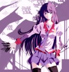  blue_eyes highres hirahito long_hair monogatari_(series) necktie purple_hair school_uniform senjougahara_hitagi skirt solo stationery thigh-highs thighhighs zettai_ryouiki 