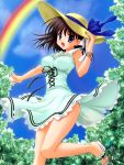  blue_eyes brown_hair dress hat highres nishimura_haruna rainbow ryouka_(suzuya) sandals short_hair solo 