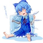  1girl barefoot blue_dress blue_hair blush bow cheek_press cirno closed_eyes dress hair_bow ice ice_wings open_mouth shirt short_hair short_sleeves simple_background sitting smile solo touhou translated waribaship white_background wings 