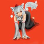  all_fours animal_ears barefoot def_(chronowarld) fang hat highres inubashiri_momiji jpeg_artifacts red_eyes silver_hair solo tail tokin_hat touhou wolf_ears wolf_tail 