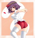  bad_id breasts buruma foreshortening frown gym_uniform impossible_clothes impossible_shirt kuro_minamo large_breasts pointing polka_dot polka_dot_background purple_hair red_eyes shirt short_hair solo thigh-highs thighhighs touhou yasaka_kanako 