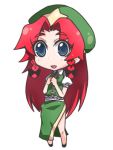 blue_eyes chibi hands_clasped hat hong_meiling lowres red_hair simple_background solo tima touhou 