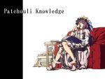  boots bow breasts chair character_name crescent crescent_moon cup drinking hat knees lefthand patchouli_knowledge purple_hair sitting solo striped touhou 