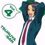  arms_up black_hair blazer brown_eyes cd_cover character_single cover fang genderswap lowres necktie school_uniform short_hair solo suzumiya_haruhi_no_yuuutsu tsuruya-senpai 