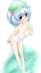  bare_shoulders blue_eyes blue_hair blush breasts cleavage endou_iketani hair_bobbles hair_ornament hat highres kawashiro_nitori one-piece_swimsuit school_swimsuit see-through solo swimsuit touhou twintails water white_school_swimsuit 