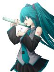  ac_(eshi) bad_id bare_shoulders detached_sleeves eshi flower green_eyes green_hair hatsune_miku highres necktie open_mouth simple_background singing solo spring_onion twintails vocaloid 