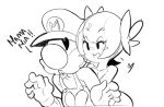  1girl blush_stickers boo bow facial_hair ghost hair_bow hat hug hug_from_behind mario monochrome mustache personification sho-n-d short_hair super_mario_bros. 