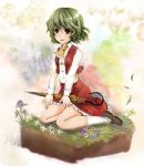  closed_umbrella flower green_hair kazami_yuuka kenshin plaid_vest red_eyes short_hair sitting skirt smile touhou umbrella wariza 