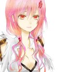  1girl bare_shoulders breasts center_opening cleavage detached_sleeves guilty_crown hair_ornament hairclip long_hair looking_at_viewer pink_hair red_eyes rosette_(roze-ko) smile solo twintails yuzuriha_inori 