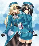  2girls atago_(kantai_collection) black_gloves black_hair black_legwear blonde_hair blush breasts gloves green_eyes grid hat highres kantai_collection large_breasts long_hair looking_at_viewer merufena military military_uniform multiple_girls open_mouth pantyhose pantylines personification red_eyes salute short_hair skirt smile takao_(kantai_collection) thigh-highs uniform 