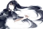  1girl akemi_homura alternate_eye_color black_hair blue_eyes dress funeral_dress hairband long_hair looking_to_the_side lying mahou_shoujo_madoka_magica mahou_shoujo_madoka_magica_movie on_back simple_background solo soudayu spoilers white_background 