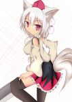  1girl animal_ears bare_shoulders black_legwear breasts detached_sleeves hat highres inubashiri_momiji looking_at_viewer pom_pom_(clothes) red_eyes short_hair silver_hair smile solo sword tail tokin_hat touhou weapon wolf_ears wolf_tail 