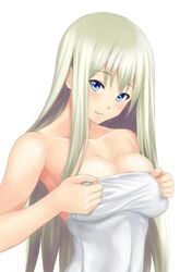    1girl bare_shoulders blonde_hair blue_eyes breasts cleavage large_breasts light_smile long_hair looking_at_viewer muffin_(sirumeria) original simple_background solo towel white_hair 