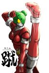  1girl breasts double_bun female fighting_stance green_hair hair_over_one_eye high_kick kamen_rider kamen_rider_pixiv kicking motion_blur no_pupils original pixiv robot_girl solo taikyokuturugi yellow_eyes 