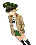  1girl blonde_hair boots bowtie erwin girls_und_panzer hands_in_pockets hat jacket looking_at_viewer military military_cap miniskirt peaked_cap pleated_skirt pre3445 school_uniform serafuku short_hair skirt solo standing uniform white_background 