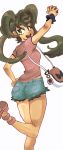  1girl ass bag brown_hair cutoffs dark_skin from_behind green_eyes handbag highres holding holding_poke_ball long_hair poke_ball pokemon pokemon_(game) pokemon_xy quad_tails radio_toy sana_(pokemon) shorts small_breasts smile solo spinning 