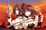  2girls brown_eyes brown_hair hyuuga_(kantai_collection) ise_(kantai_collection) japanese_clothes kanna_(plum) kantai_collection katana multiple_girls open_mouth personification ponytail short_hair sword weapon 