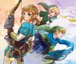  blonde_hair blue_eyes bow_(weapon) earrings gloves hat jewelry link long_hair multiple_persona nintendo pointy_ears ponytail scarf shield super_smash_bros. suzuno_(kazahanasu) sword the_legend_of_zelda weapon zelda_musou zelda_wii_u 