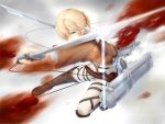  1girl annie_leonhardt belt blonde_hair blood boots dual_wielding folded_ponytail jacket lingerie_(aki3240) shingeki_no_kyojin short_hair solo sword thigh_strap three-dimensional_maneuver_gear uniform weapon wire 