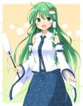  1girl bare_shoulders detached_sleeves frog_hair_ornament gohei green_eyes green_hair hair_ornament highres kochiya_sanae long_hair long_sleeves looking_at_viewer nandemo118 open_mouth shirt skirt smile snake_hair_ornament solo touhou very_long_hair wide_sleeves 