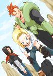  /\/\/\ 1girl 2boys android_16 android_17 android_18 bird black_hair blonde_hair blue_eyes cat dragon_ball dragon_ball_z gloves jewelry multiple_boys necklace open_mouth pearl pearl_necklace scarf short_hair shuraba_kai smile 