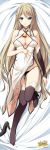  1girl bare_shoulders bell black_legwear black_panties breasts brown_hair cleavage cleavage_cutout dakimakura detached_sleeves dress fingernails green_eyes half_updo high_heels highres kikuchi_seiji long_fingernails long_hair looking_at_viewer lying on_back original panties side_slit single_sleeve smile solo string_panties tattoo thigh-highs underwear very_long_hair 