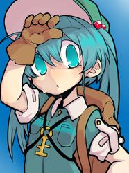  :o backpack bag blue_eyes blue_hair bust gloves hair_bobbles hair_ornament hand_to_forehead hat kawashiro_nitori key lolicom short_sleeves sweat touhou twintails 