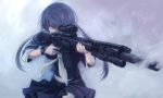  1girl aiming ar-15 assault_rifle blue_hair gun hidden_mouth highres long_hair midriff original rain revision rifle school_uniform serafuku skirt solo terabyte_(rook777) twintails violet_eyes watch watch weapon 