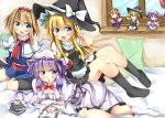  3girls alice_margatroid apron black_dress blue_dress blue_eyes blush book bow breasts capelet character_doll cleavage crescent cup dress hair_ribbon hat hat_bow kirisame_marisa kuzumomo lying mob_cap multiple_girls on_side open_mouth patchouli_knowledge pillow pose purple_dress purple_hair ribbon sash sitting smile striped striped_dress teacup touhou tress_ribbon v violet_eyes waist_apron window witch_hat 