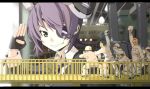  1girl eyepatch fingerless_gloves giantess gloves hat kantai_collection letterboxed necktie open_mouth personification purple_hair salute school_uniform short_hair smile tenryuu_(kantai_collection) yellow_eyes yunsuku 