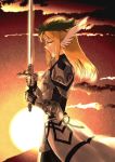  1girl armor blonde_hair closed_eyes clouds dungeons_and_dragons faintxp gauntlets head_wreath highres knight original paladin profile sunset sword weapon 