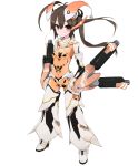  1girl ahoge arm_cannon bodysuit brown_eyes character_request hair_ornament highres long_hair looking_at_viewer matuken1027 phantasy_star phantasy_star_online_2 skin_tight smile solo twintails weapon white_background 