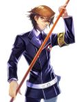  amada_ken armband brown_eyes brown_hair male older persona persona_3 persona_4:_the_ultimate_in_mayonaka_arena school_uniform simple_background solo 