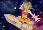  1girl goggles goggles_on_head green gumi himaya riding rocket sky smile space star_(sky) starry_sky vocaloid 