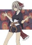  1girl alternate_costume alternate_hair_color arudente bare_legs black_clothes bow expressionless hair_bow japanese_clothes kimono lantern_festival looking_at_viewer rumia short_hair short_kimono small_breasts touhou wide_sleeves 