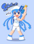  1girl blue_eyes blue_hair blush_stickers hat highres ikamusume long_hair parody shinryaku!_ikamusume smile solo splatoon squid_hat super_soaker tasoyani tentacle_hair 