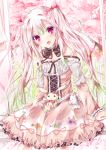  1girl bow brown_clothes cherry_blossoms dress eyeshadow fang fence flower_(symbol) hair_ribbon looking_at_viewer makeup open_mouth original pigtail pink_clothes pink_eyes pink_hair rabbit ribbon smile solo tetsu_tissue white_clothes 