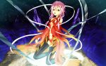  1girl bare_shoulders black_legwear breasts center_opening cleavage detached_sleeves elbow_gloves fingerless_gloves gloves guilty_crown hair_ornament hairclip hand_on_own_chest highres long_hair navel open_mouth orange_eyes pink_hair solo thigh-highs twintails yuzuriha_inori 
