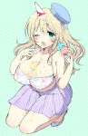  1girl alternate_costume atago_(kantai_collection) blonde_hair blush breasts cleavage food green_eyes hat ice_cream kantai_collection large_breasts long_hair messy mozuya_murasaki one_eye_closed open_mouth solo tears wink 