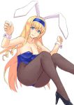  1girl and animal_ears blonde_hair blue_eyes breasts bunnysuit cleavage drill_hair hairband large_breasts long_hair pantyhose rabbit_ears solo very_long_hair wrist_cuffs 