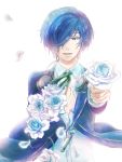  arisato_minato blue_eyes blue_hair bow digital_media_player flower hair_over_one_eye headphones male persona persona_3 ribbon school_uniform short_hair simple_background smile solo yuuki_makoto 