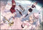  3girls adapted_costume alternate_costume arms_behind_back black_legwear blonde_hair blue_eyes blue_hair blue_sky boots brown_eyes brown_hair cherry_blossoms dress family hat highres instrument keyboard_(instrument) kneehighs long_sleeves looking_at_another looking_at_viewer lunasa_prismriver lyrica_prismriver merlin_prismriver miyuki_ruria multiple_girls open_mouth petals playing_instrument pointing profile scan shirt short_hair siblings sisters skirt sky smile standing touhou trumpet vest violin white_shirt yellow_eyes 