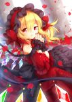  1girl alternate_costume asymmetrical_hair blonde_hair bonnet bow dress fang flandre_scarlet gothic_lolita hair_bow hands_together lolita_fashion looking_at_viewer mi_hitsuji petals red_dress red_eyes red_nails sash side_ponytail solo touhou wings wrist_cuffs 