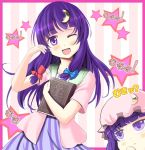  1girl a_(aaaaaaaaaaw) alternate_costume blush book bow crescent long_hair no_hat one_eye_closed open_mouth patchouli_knowledge purple_hair solo star text touhou violet_eyes wink 