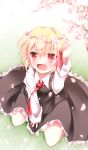  1girl absurdres black_dress blonde_hair cherry_blossoms dress dress_shirt fang flower flower_on_head hair_ribbon highres kuroyume_(dark495) necktie open_mouth red_eyes ribbon rumia shirt short_hair smile solo touhou 